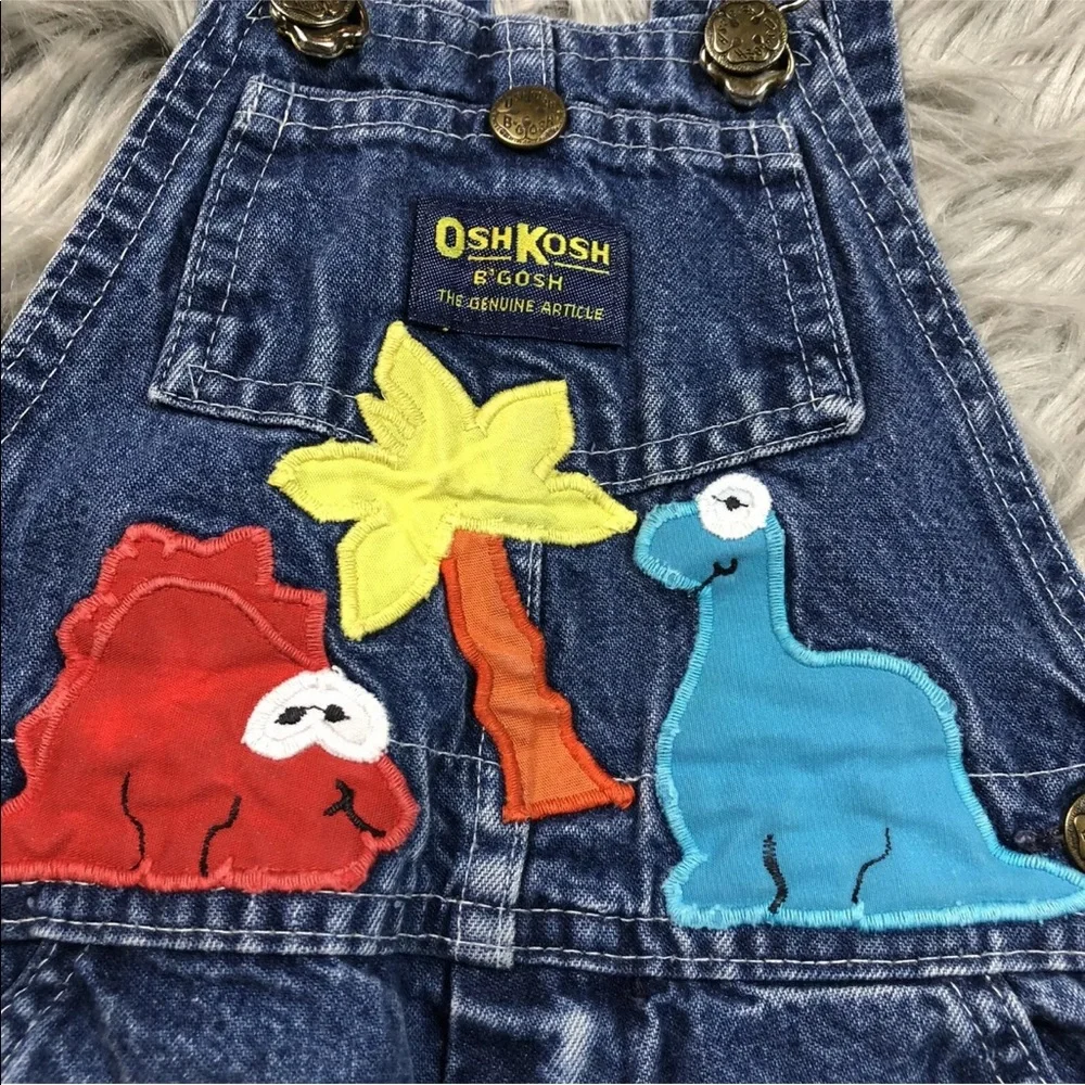 Vintage Oshkosh Bgosh Blue Denim Dinosaur Applique Overalls Made Usa